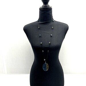 Chicos Necklace Stone Metal Aqua Gold Color Pendant on Cord Colored Beads Boho